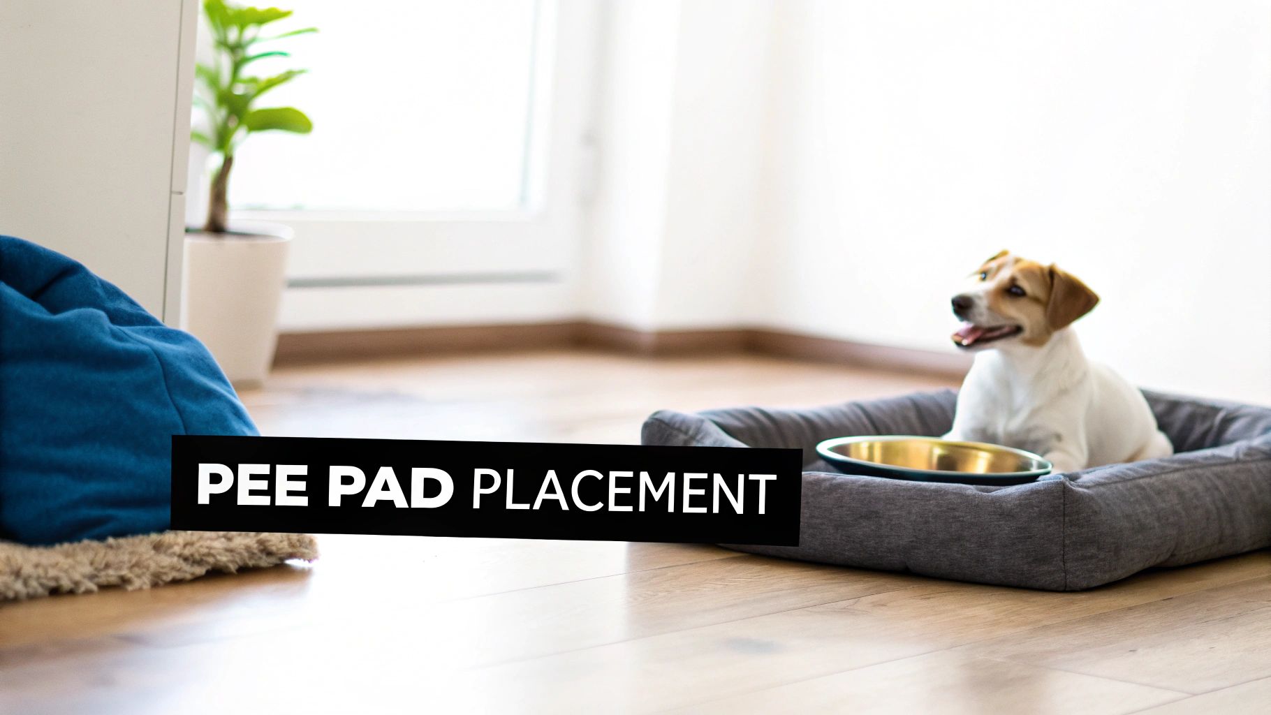 A small white and tan dog in its bed next to a food bowl, with the text 'PEE PAD PLACEMENT'.