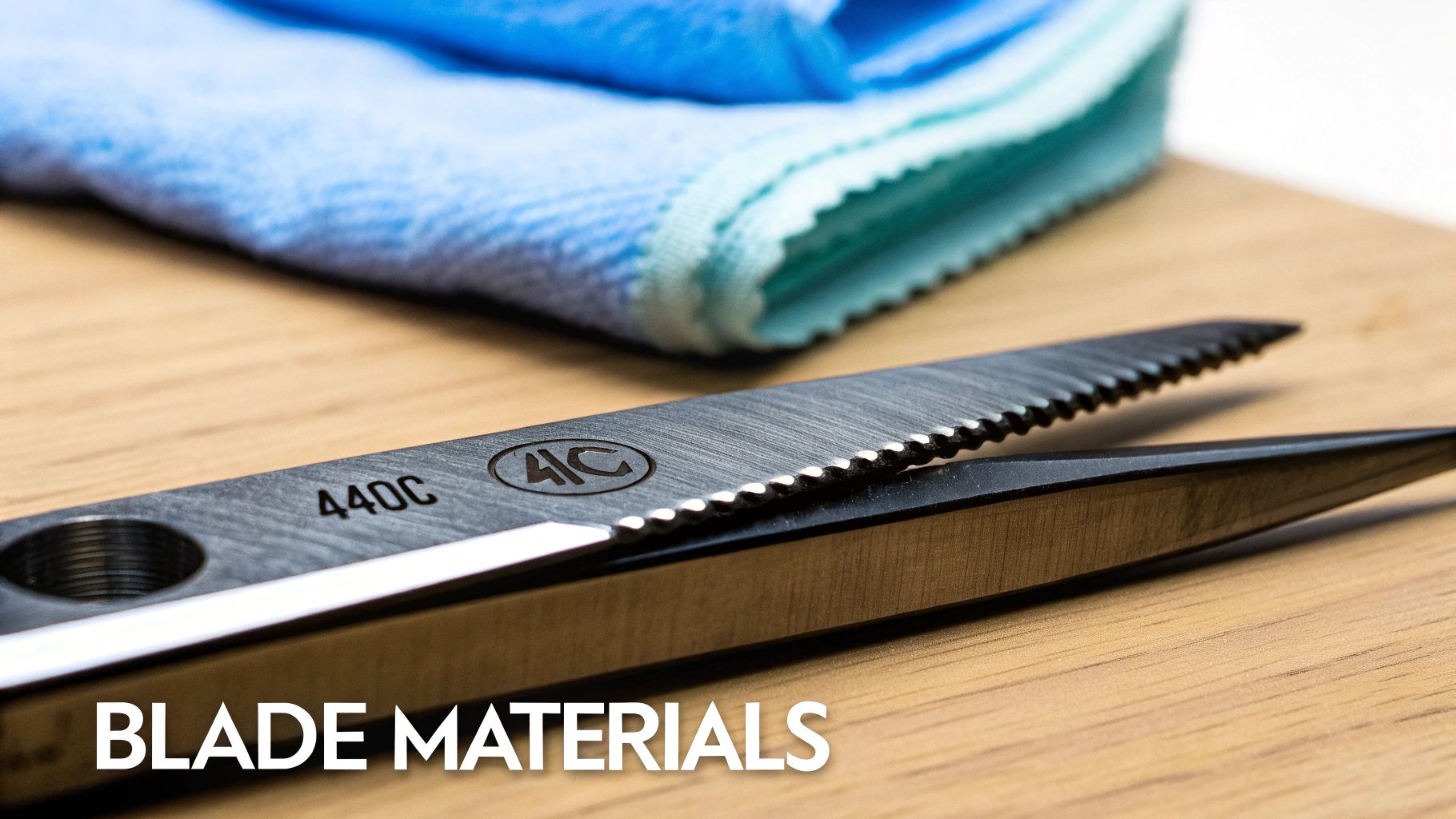Close-up of serrated scissors blade with '440C' marking and a logo on a wooden surface.