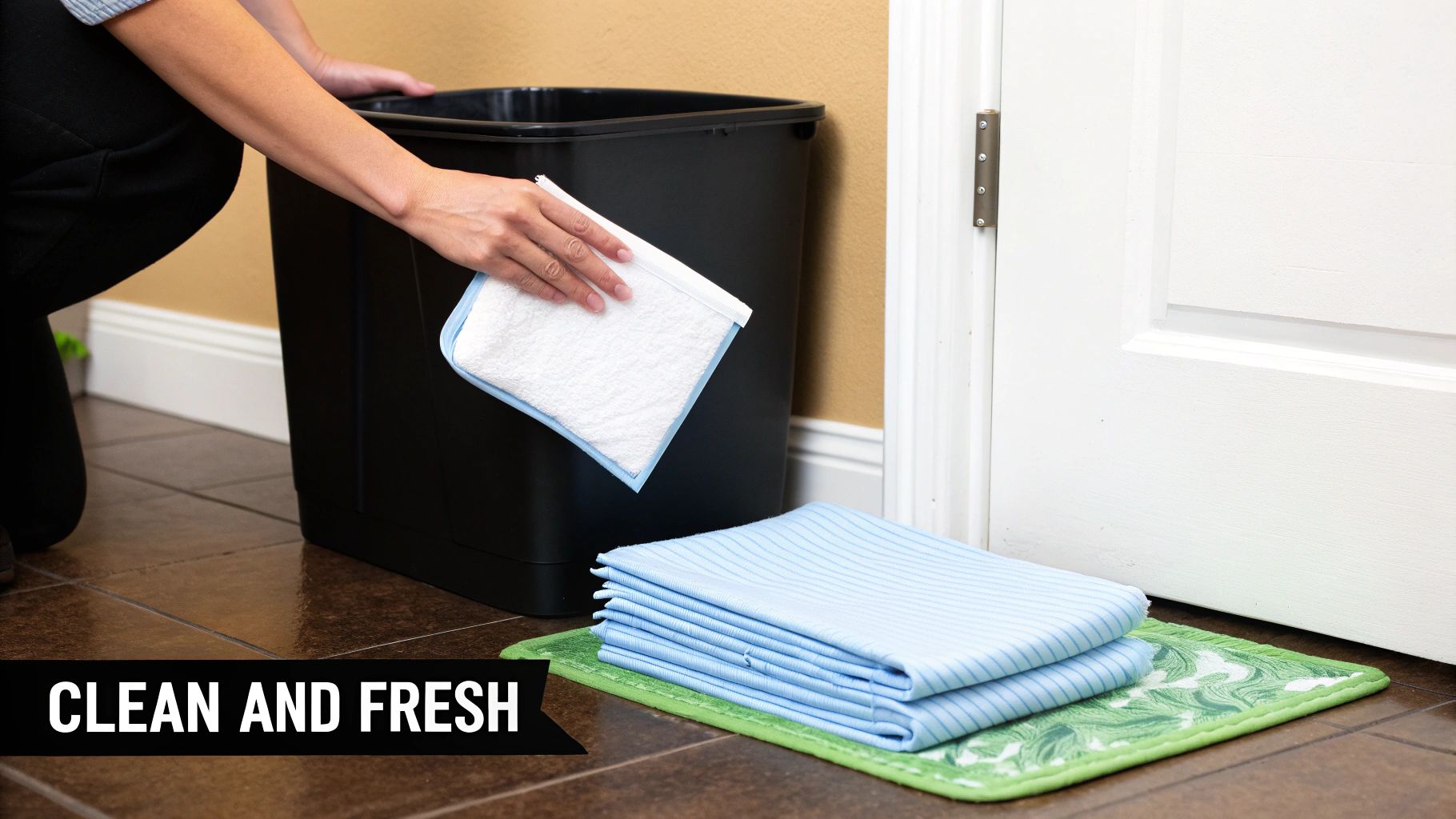 A person places a fresh white and blue cleaning cloth into a black bin, with neatly folded blue cloths on a green mat.