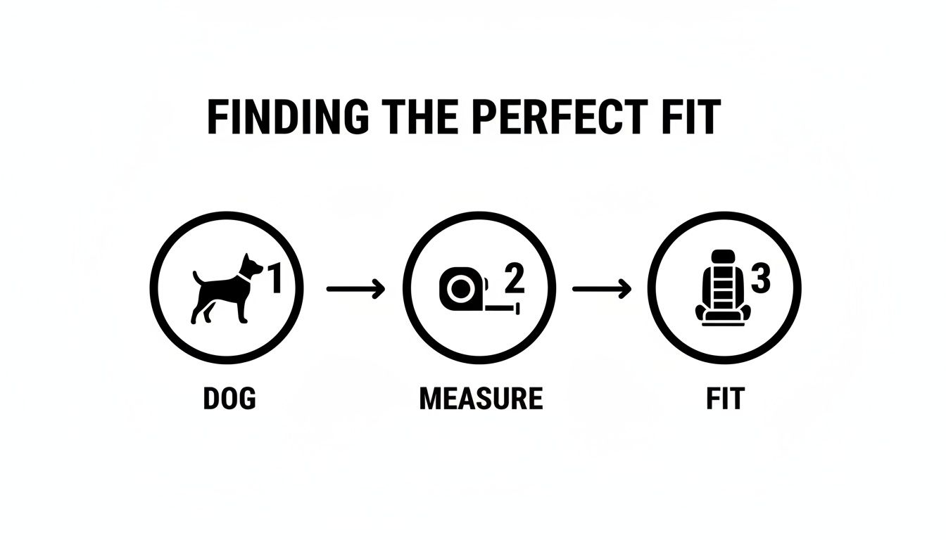 A three-step guide for finding the perfect fit for your dog, involving measurement and fitting.