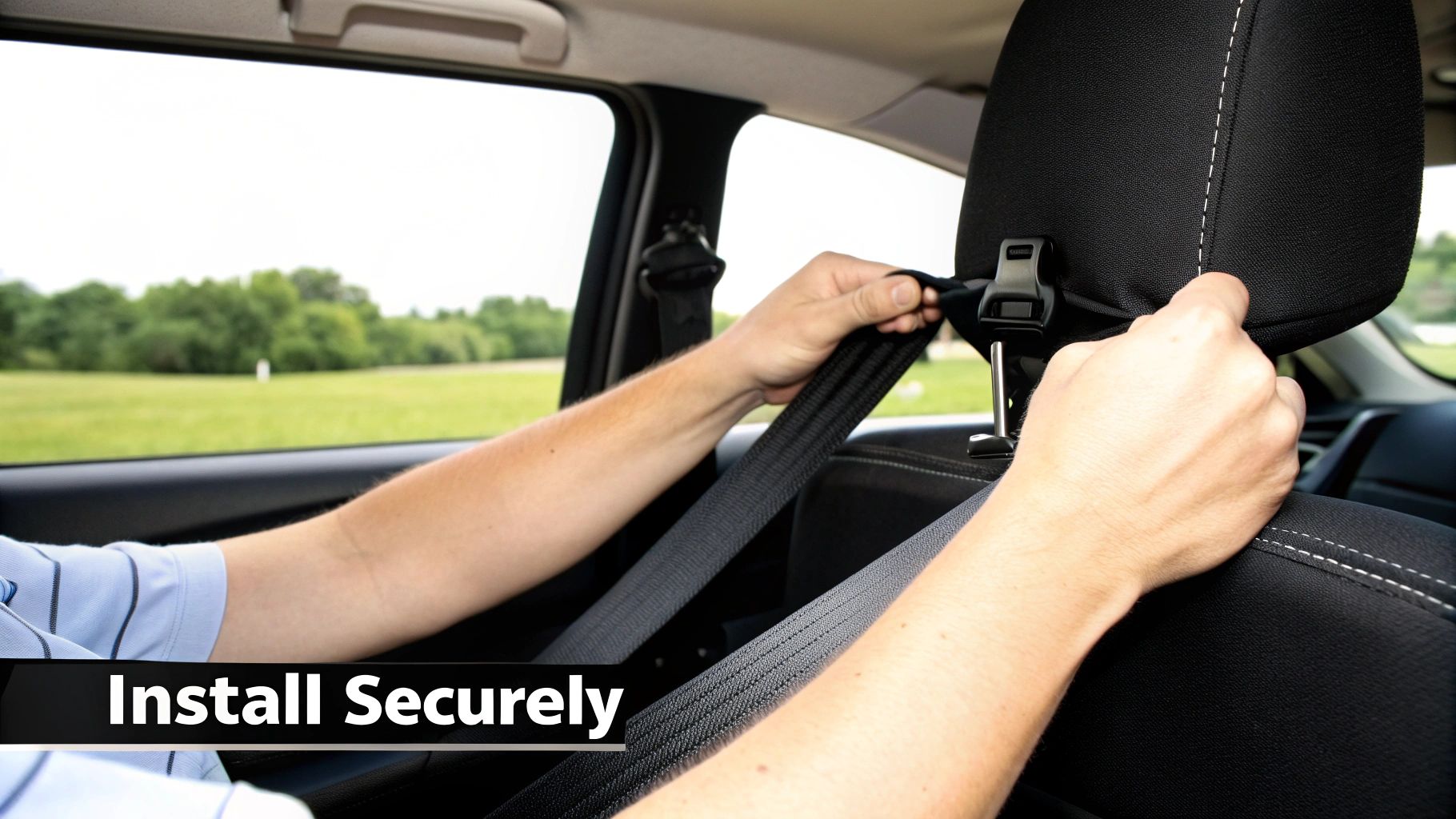 Close-up of hands installing a black strap with a buckle onto a car headrest.