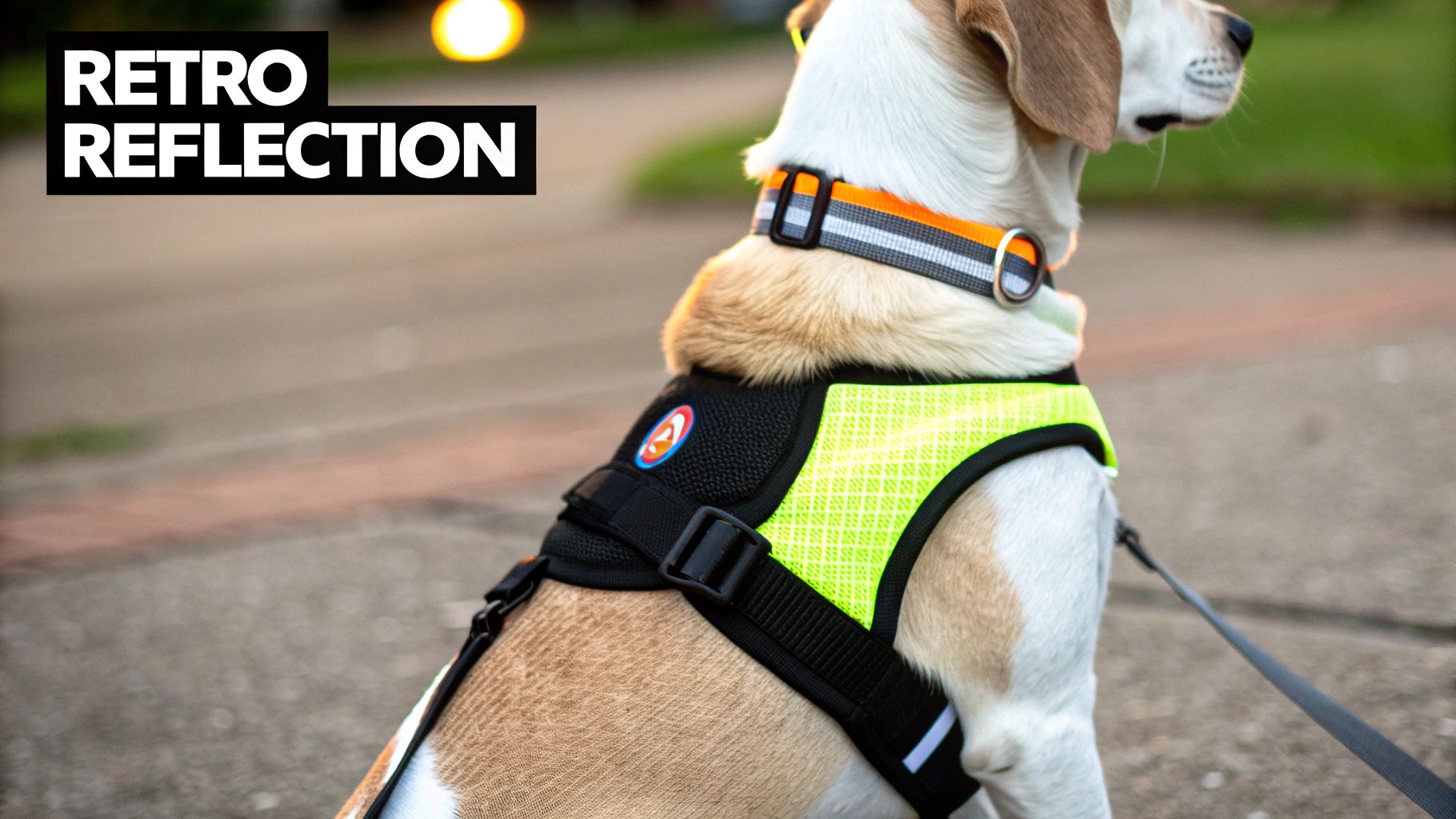 A dog wearing a bright yellow reflective harness and an orange reflective collar, on a leash outdoors.