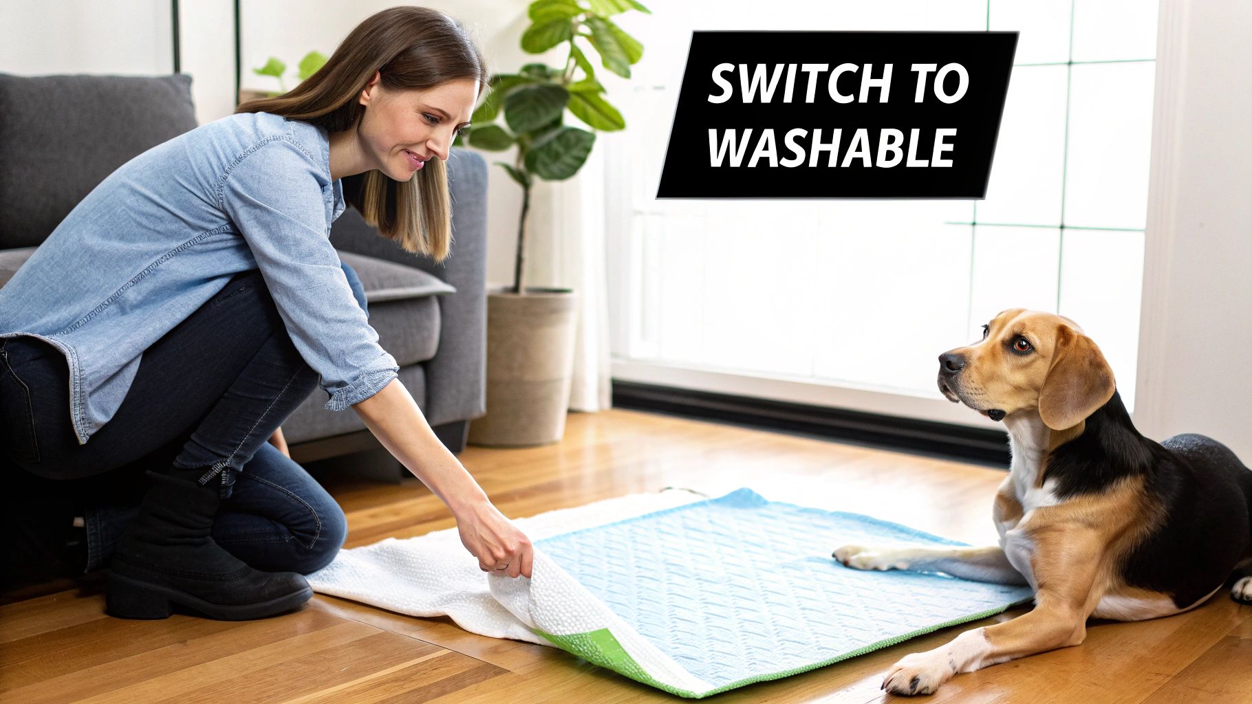 A smiling woman places a washable blue and green dog pad on a wooden floor, watched by a beagle.