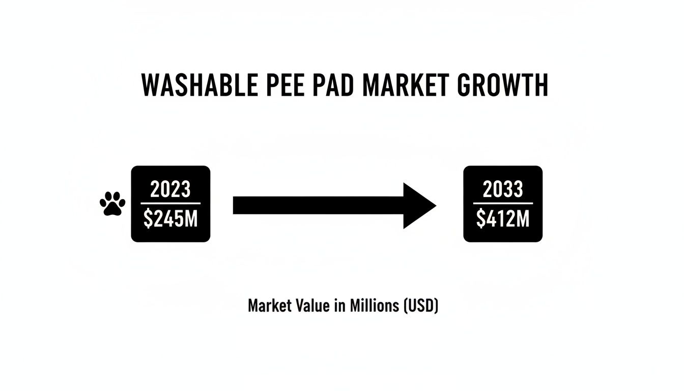 Infographic displaying washable pee pad market growth from $245M in 2023 to $412M in 2033.