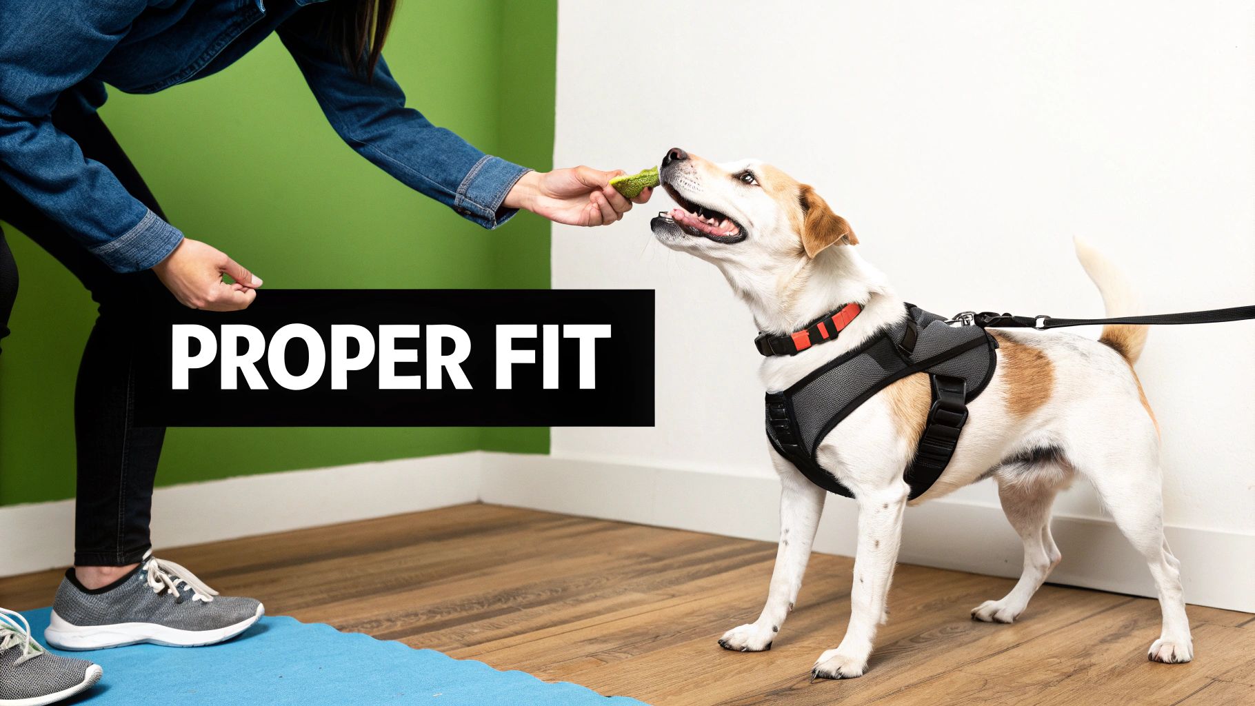 A person smiling while putting a no pulling dog harness on a happy dog.