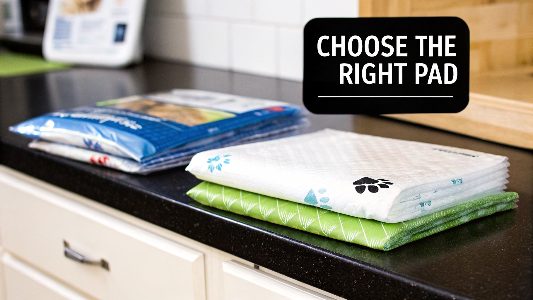 A small dog standing on a clean pee pad in a living room