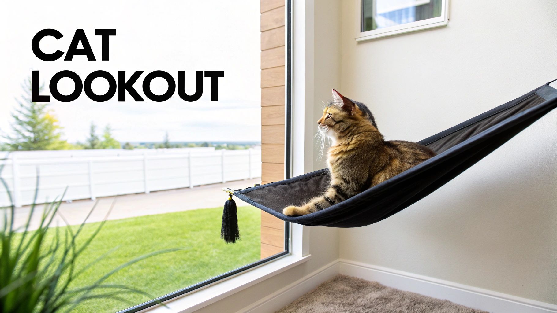A domestic cat is comfortably perched in a black wall-mounted window hammock, enjoying the outdoor view.