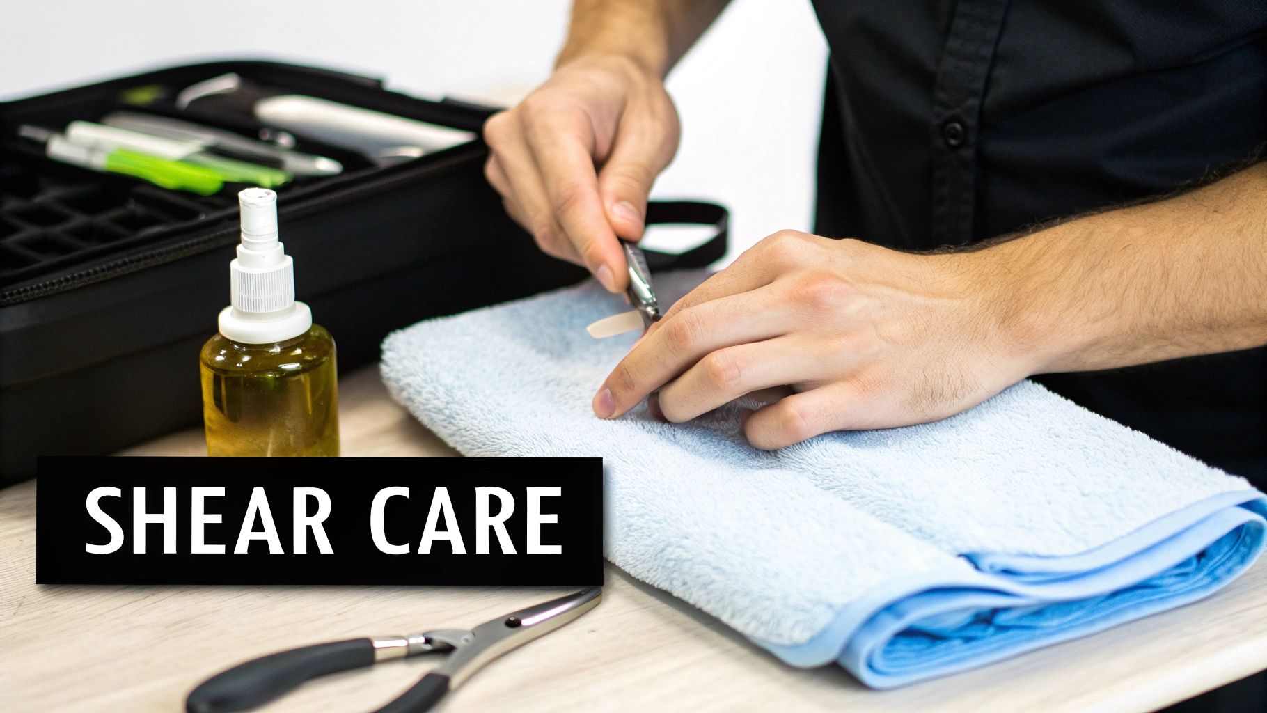Hands cleaning professional grooming shears with oil on a towel, displaying shear care tools.