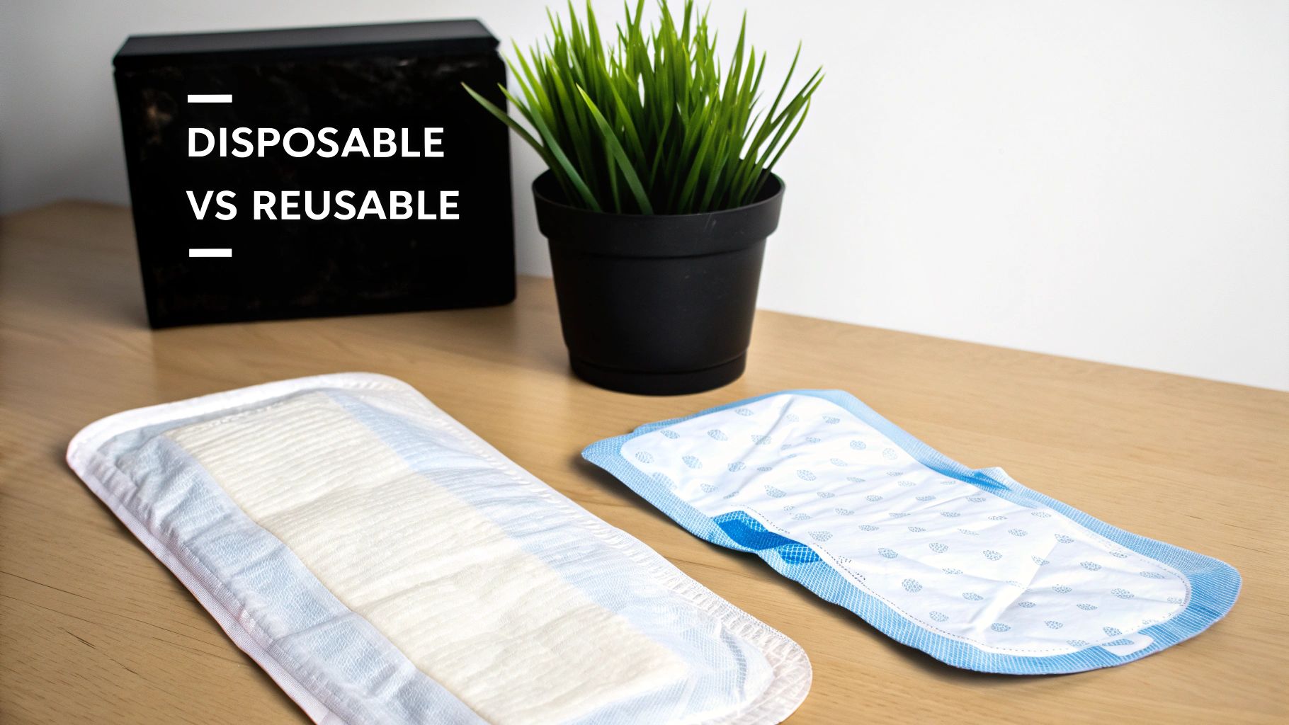 A disposable pee pad and a reusable pee pad are shown on a wooden table for comparison.