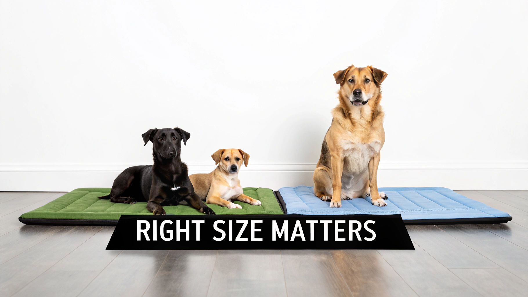 Three dogs of varying sizes resting on different sized pet mats, illustrating the importance of right sizing.