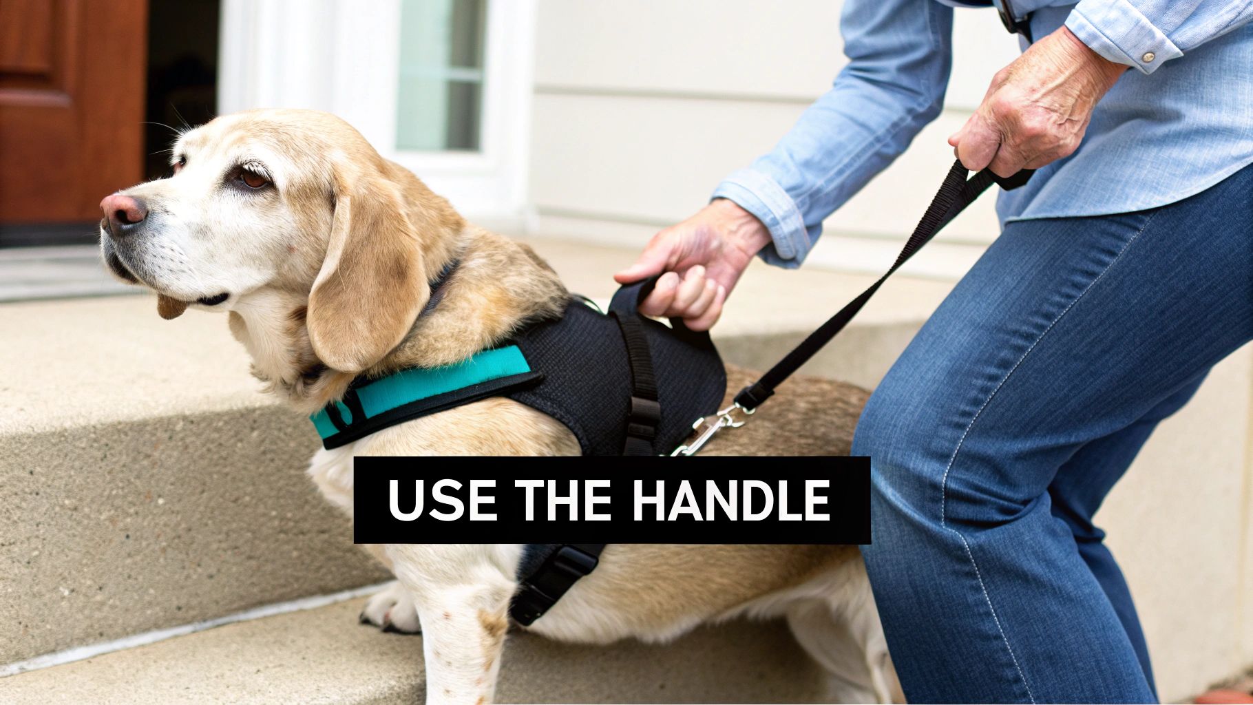 A person's hand grips the handle of a reflective dog harness, assisting the dog up steps.