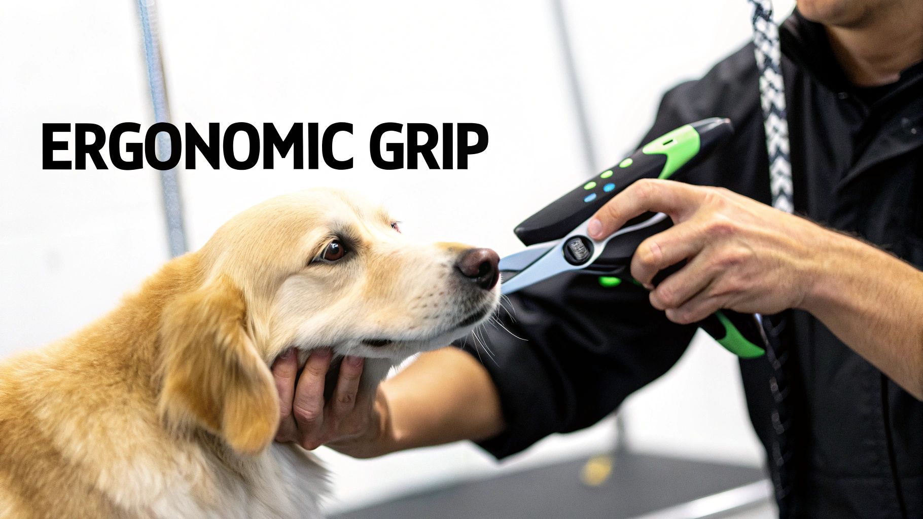 Close-up of a groomer using ergonomic pet shears on a golden-colored dog during grooming.