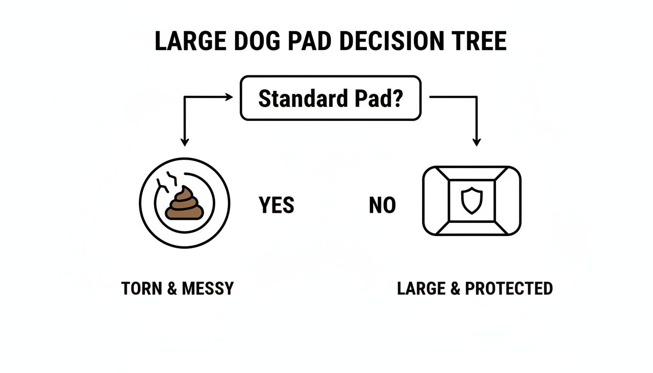 Decision tree comparing standard dog pads resulting in messy outcomes to large, protected alternatives.