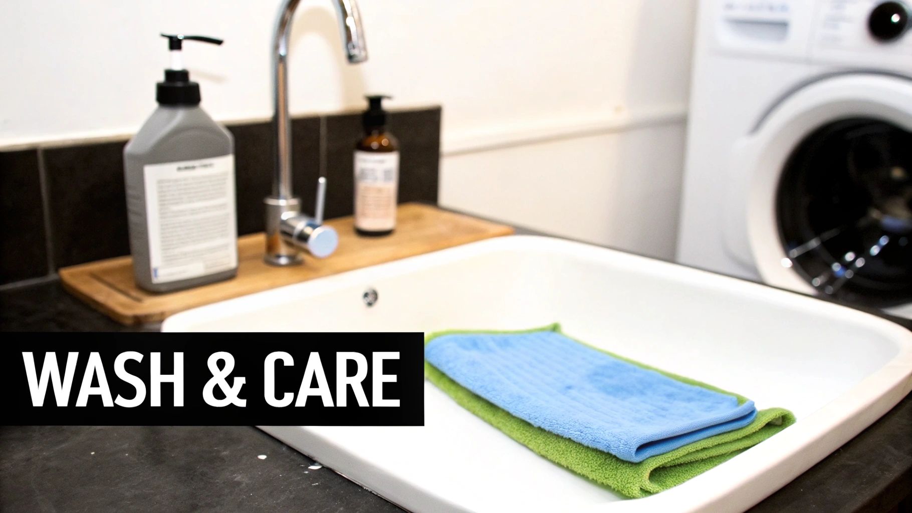 A clean, folded reusable dog pee pad next to a washing machine.