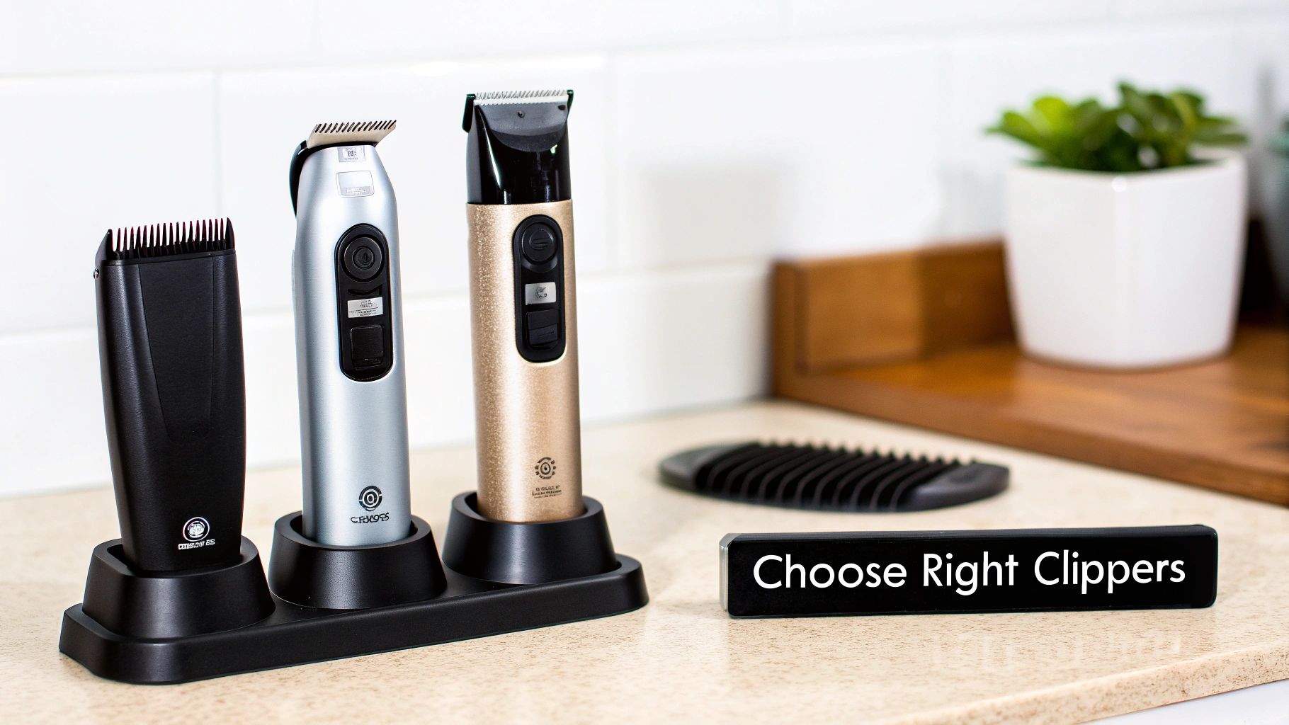 Three electric hair clippers in a charging stand, a comb, and a sign saying 'Choose Right Clippers'.