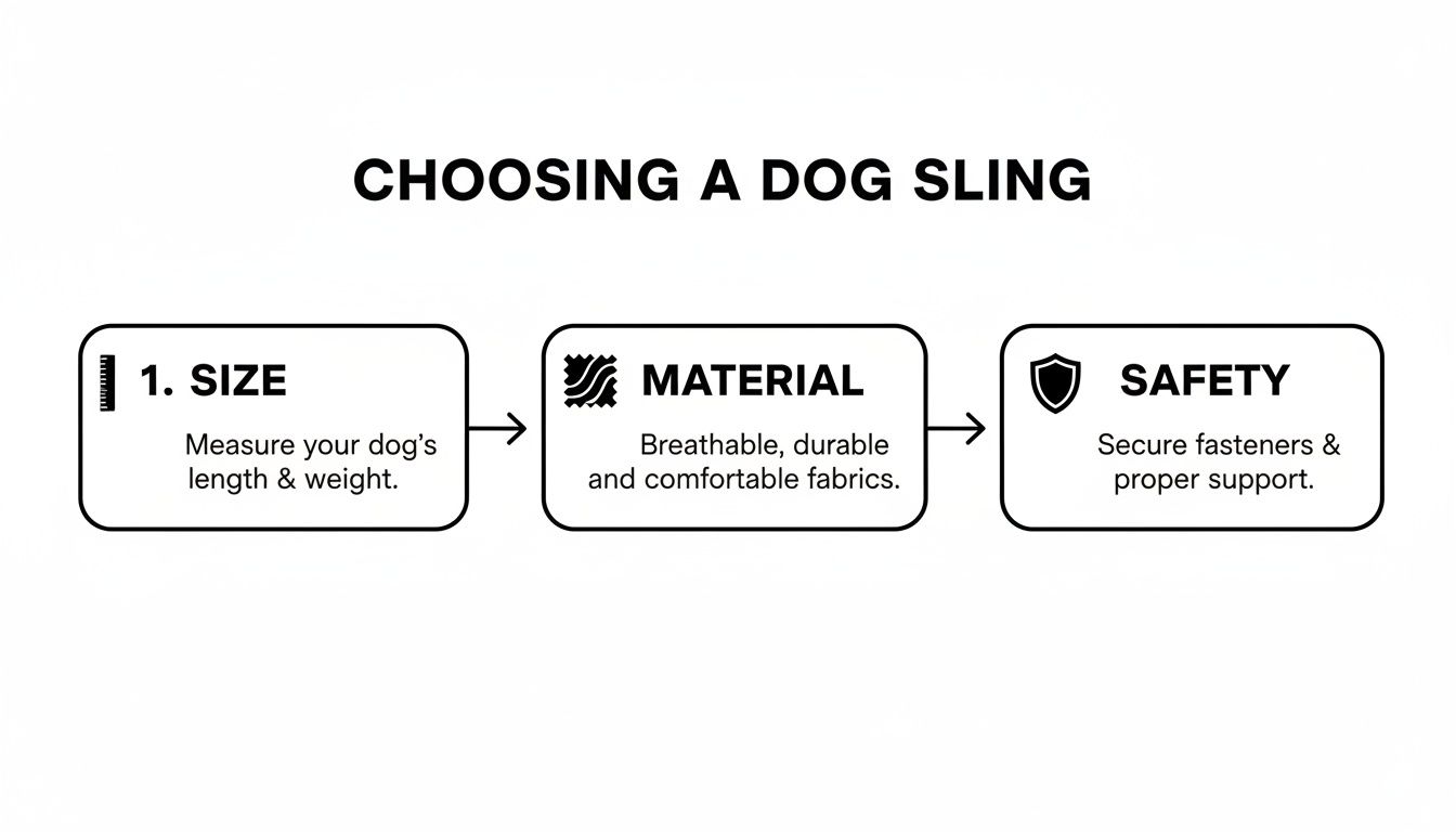 Infographic outlining three key factors for choosing a dog sling: size, material, and safety.