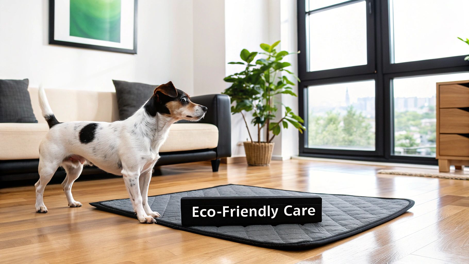 A happy dog sitting on a clean pet washable pee pad in a modern living room