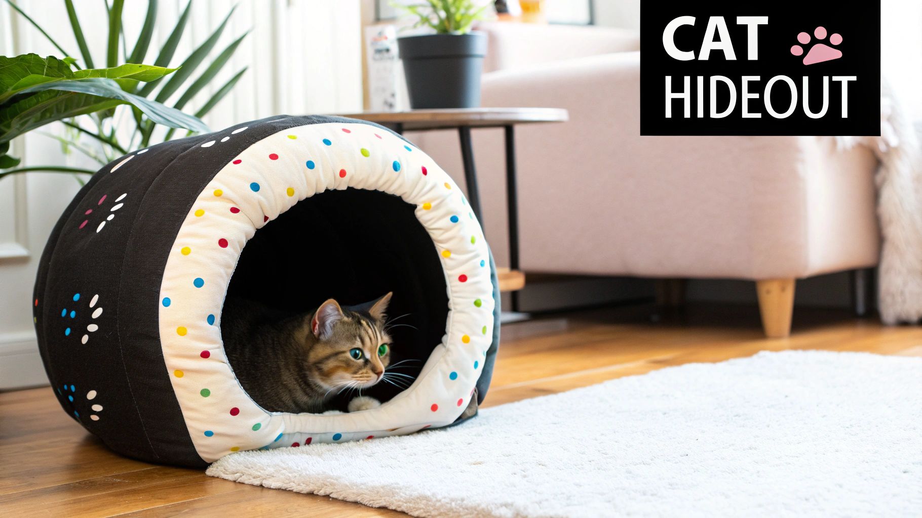 A cat peering out from inside a grey donut cat tunnel bed