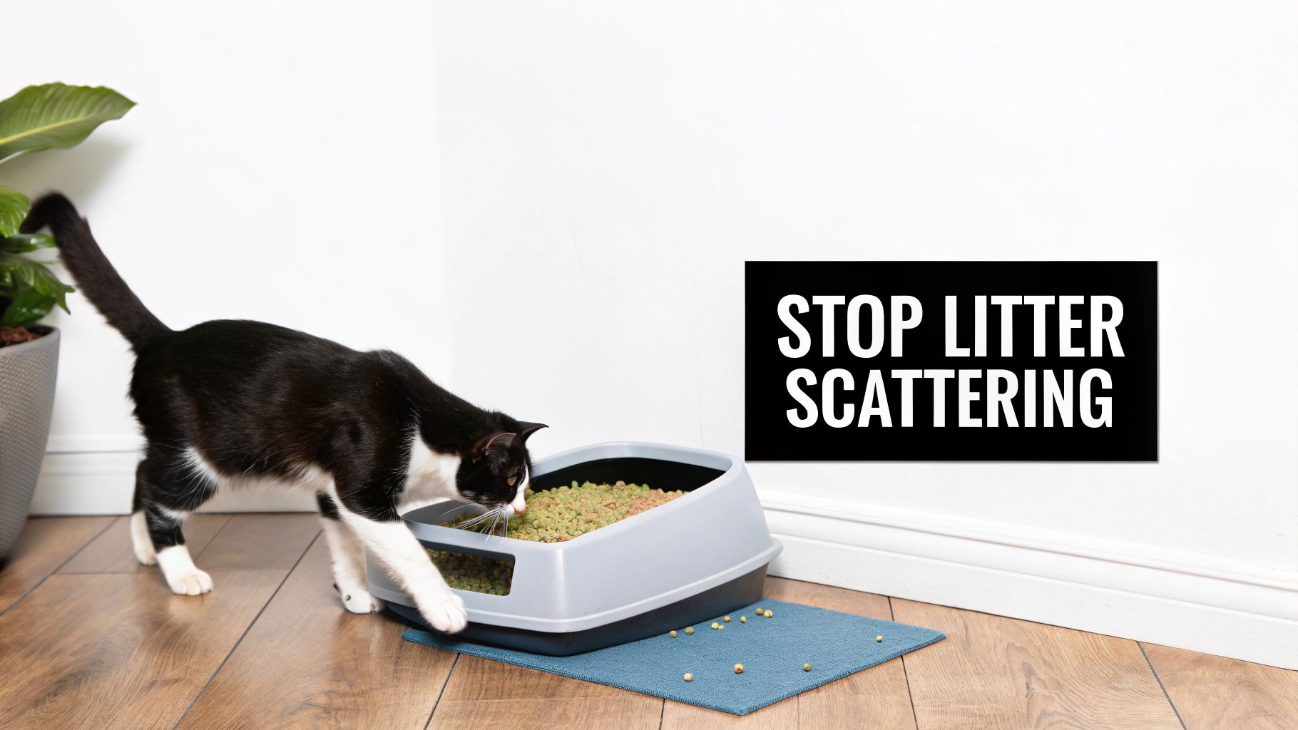A gray cat litter mat placed neatly in front of a white, enclosed litter box on a wooden floor.