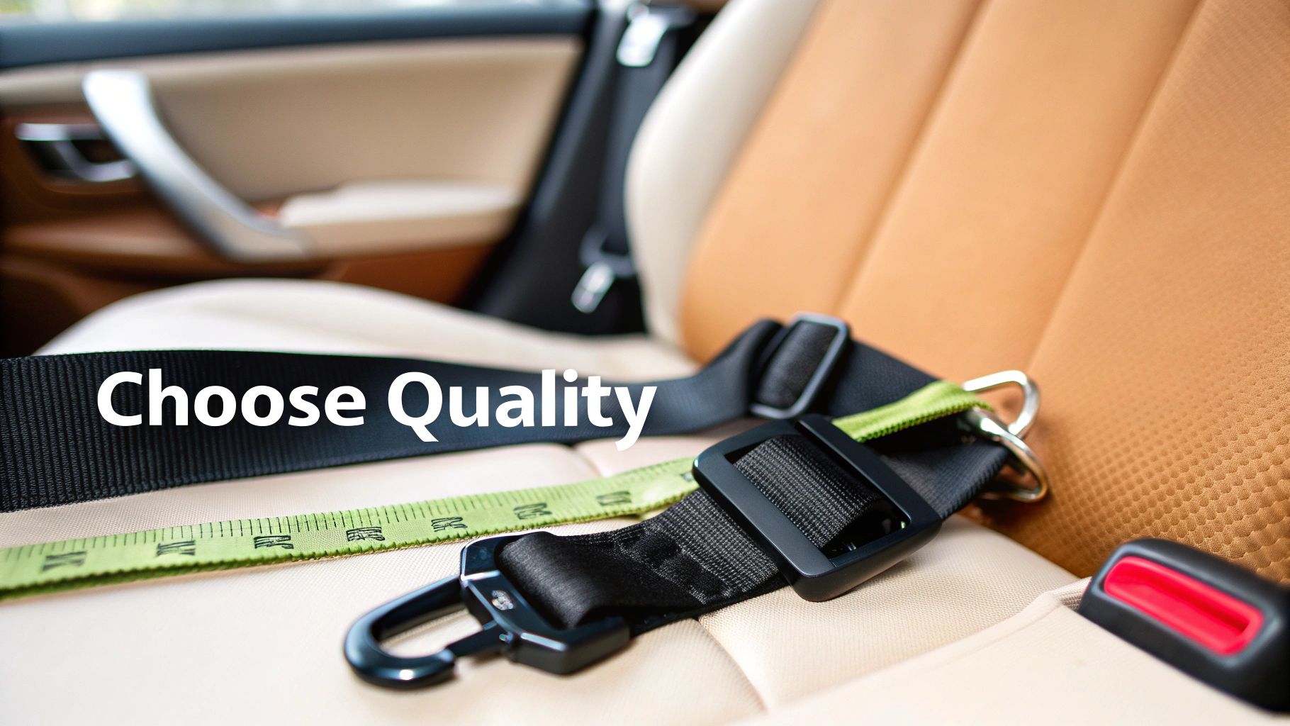 A black pet seat belt and green measuring tape on a beige car seat with the text 'Choose Quality'.