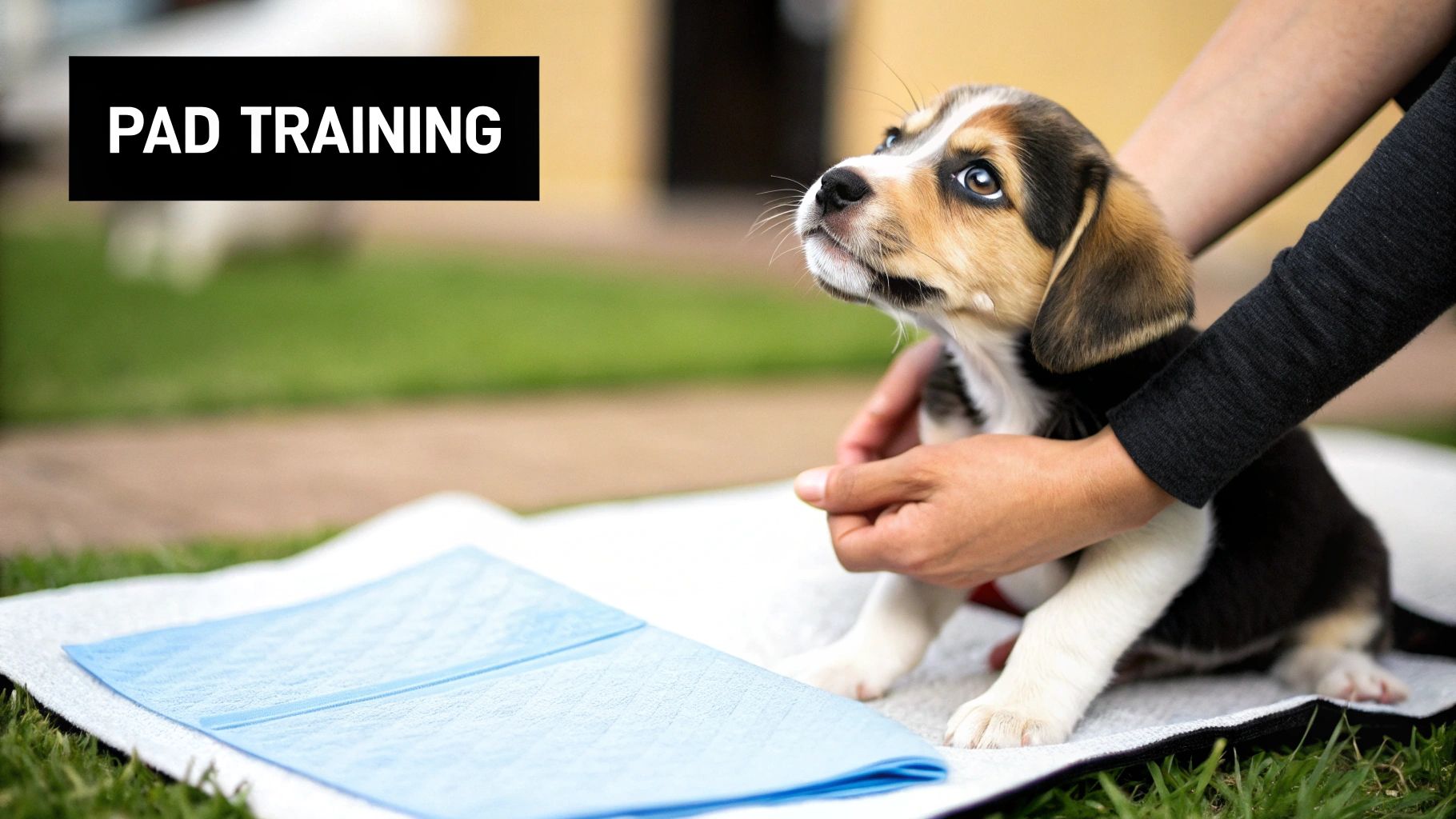 A person giving a treat to a small puppy on a pee pad.