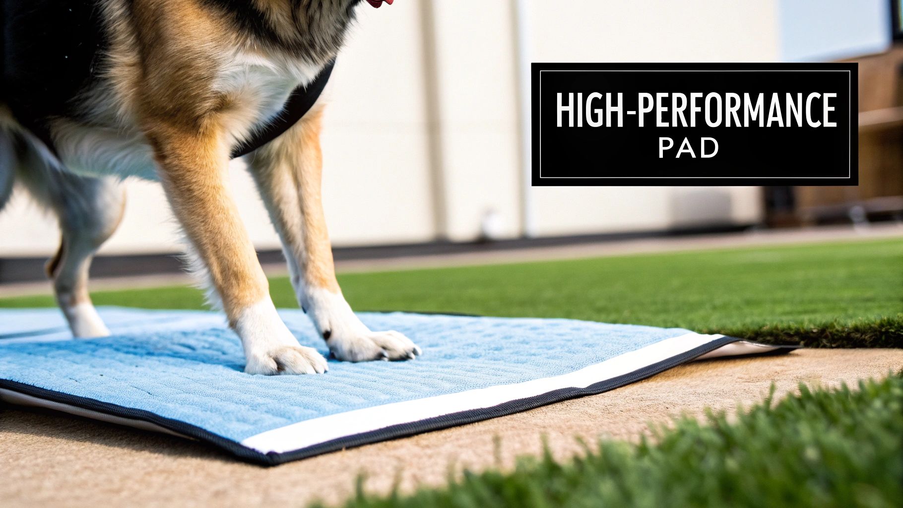 A dog sitting on a multi-layered reusable pee pad.