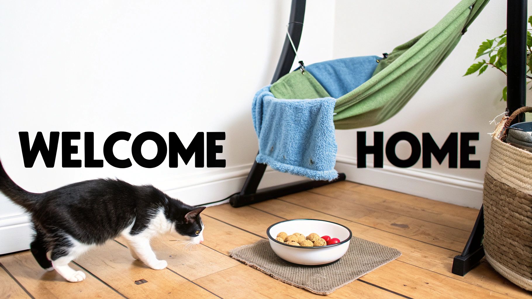 A black and white cat looks at a food bowl on a wooden floor under 'WELCOME HOME' text and a cat hammock.