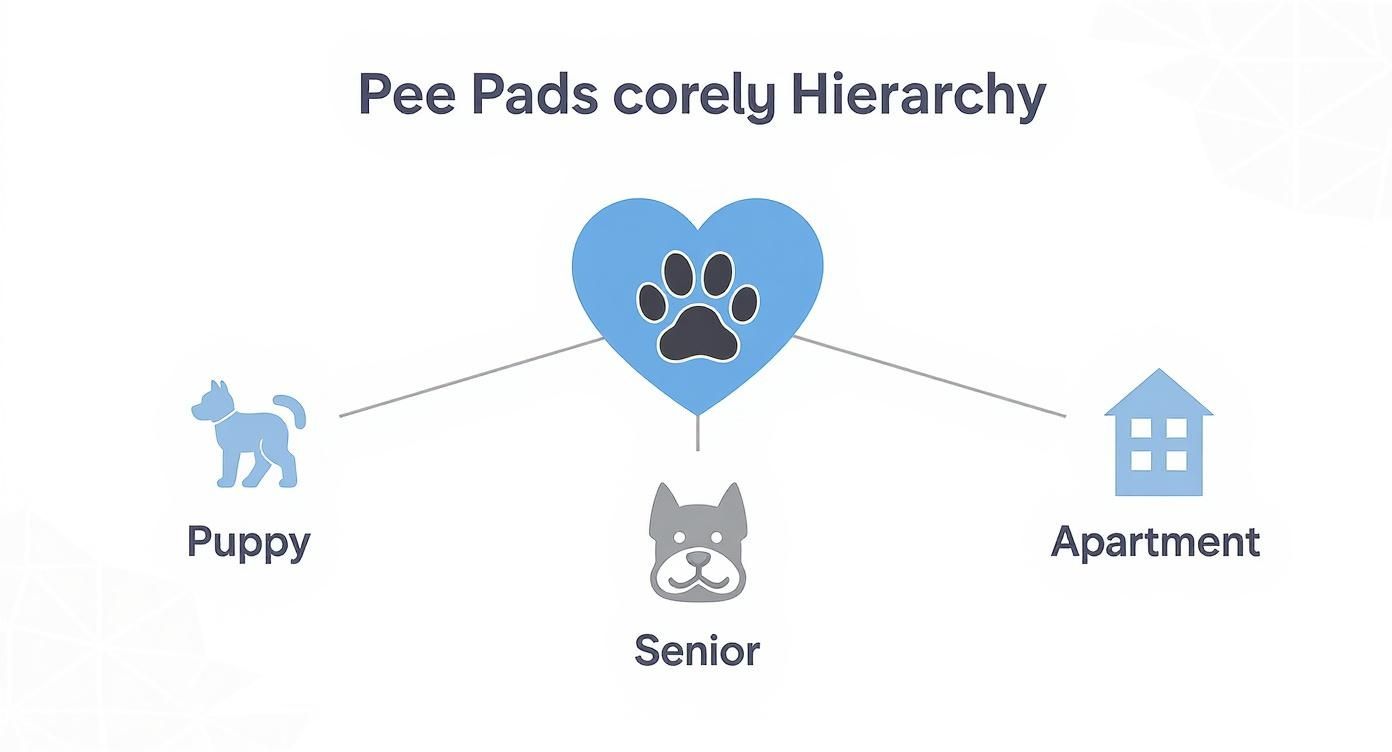 A diagram illustrates pee pad use cases for puppy training, senior dog care, and apartment living.