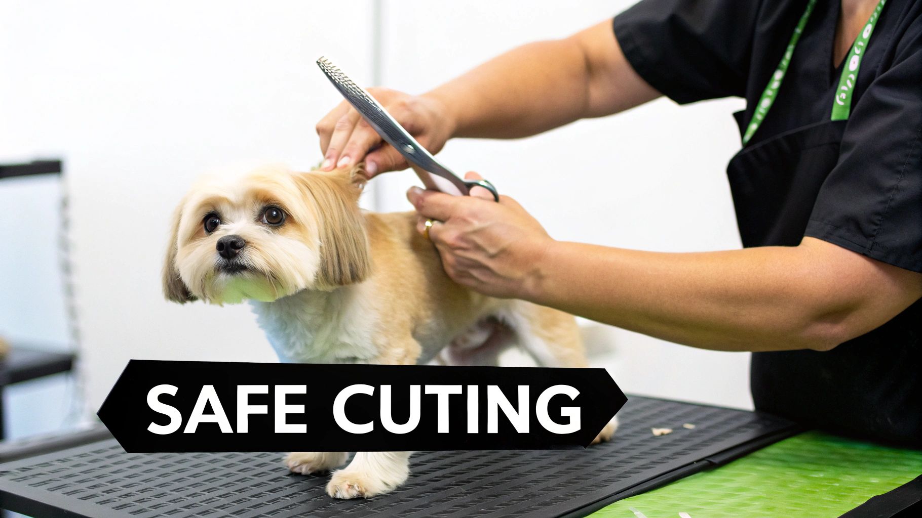 A professional groomer uses thinning shears to carefully trim the fur of a small, light-colored dog on a grooming table.