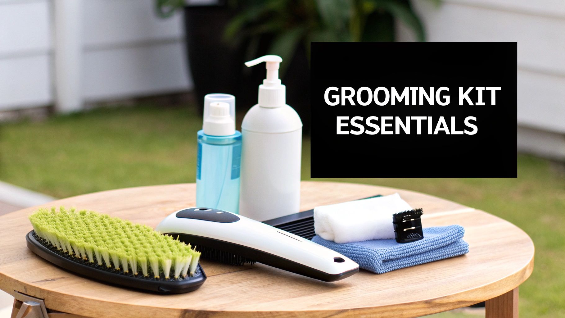 A collection of dog grooming tools including brushes, combs, and scissors laid out on a wooden surface.