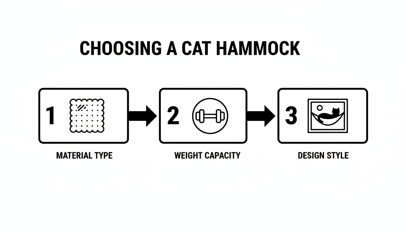 A three-step guide for choosing a cat hammock, focusing on material type, weight capacity, and design style.