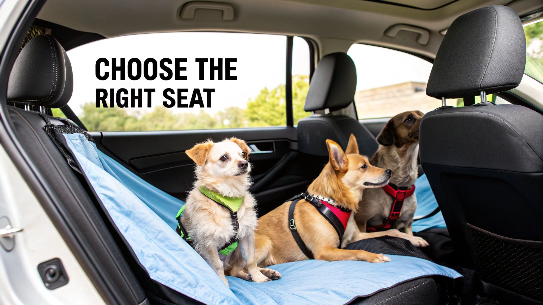 Three dogs in harnesses sit comfortably on a blue dog car seat cover in a car.