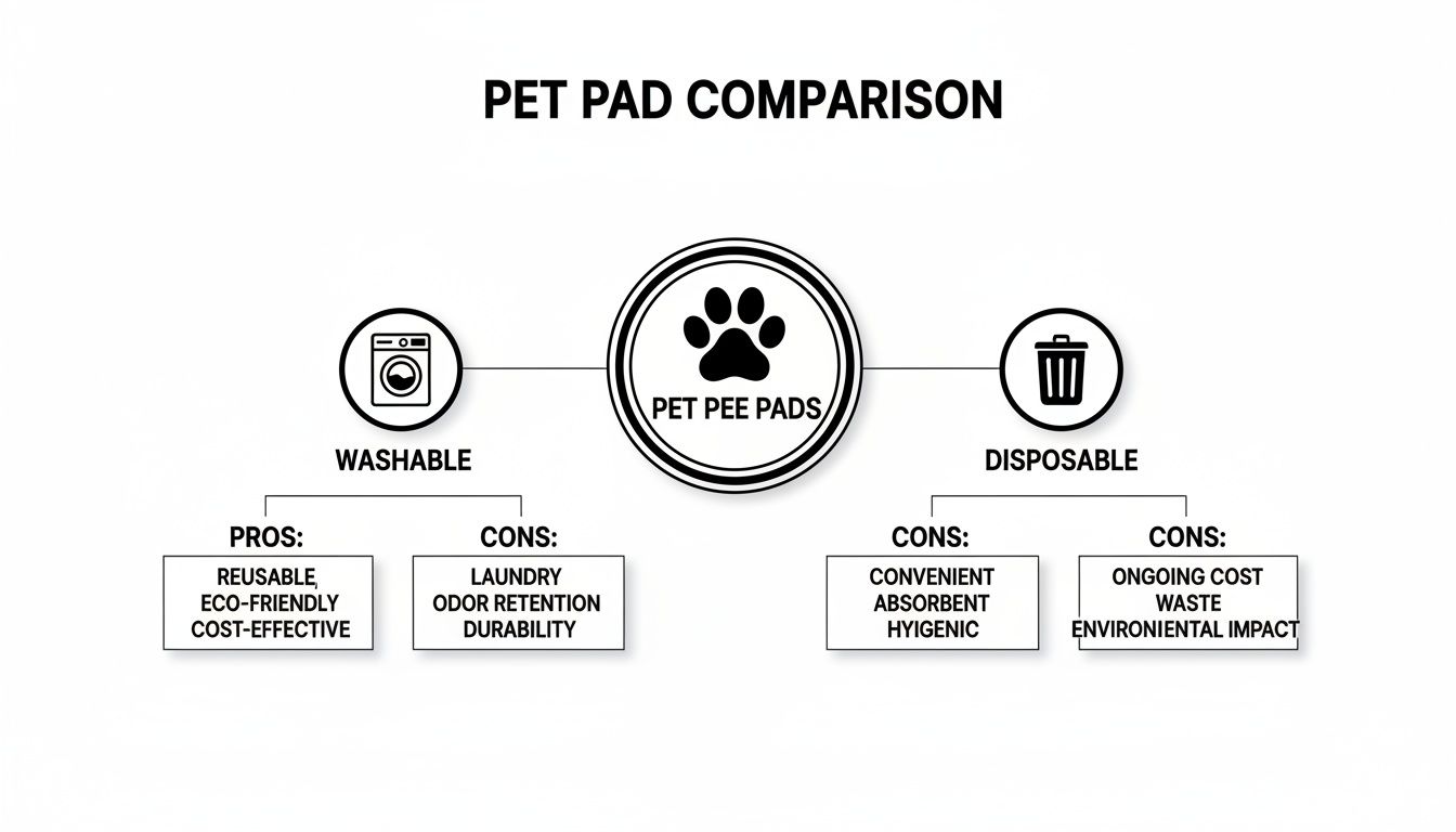 Infographic comparing washable and disposable pet pee pads, detailing their pros and cons.