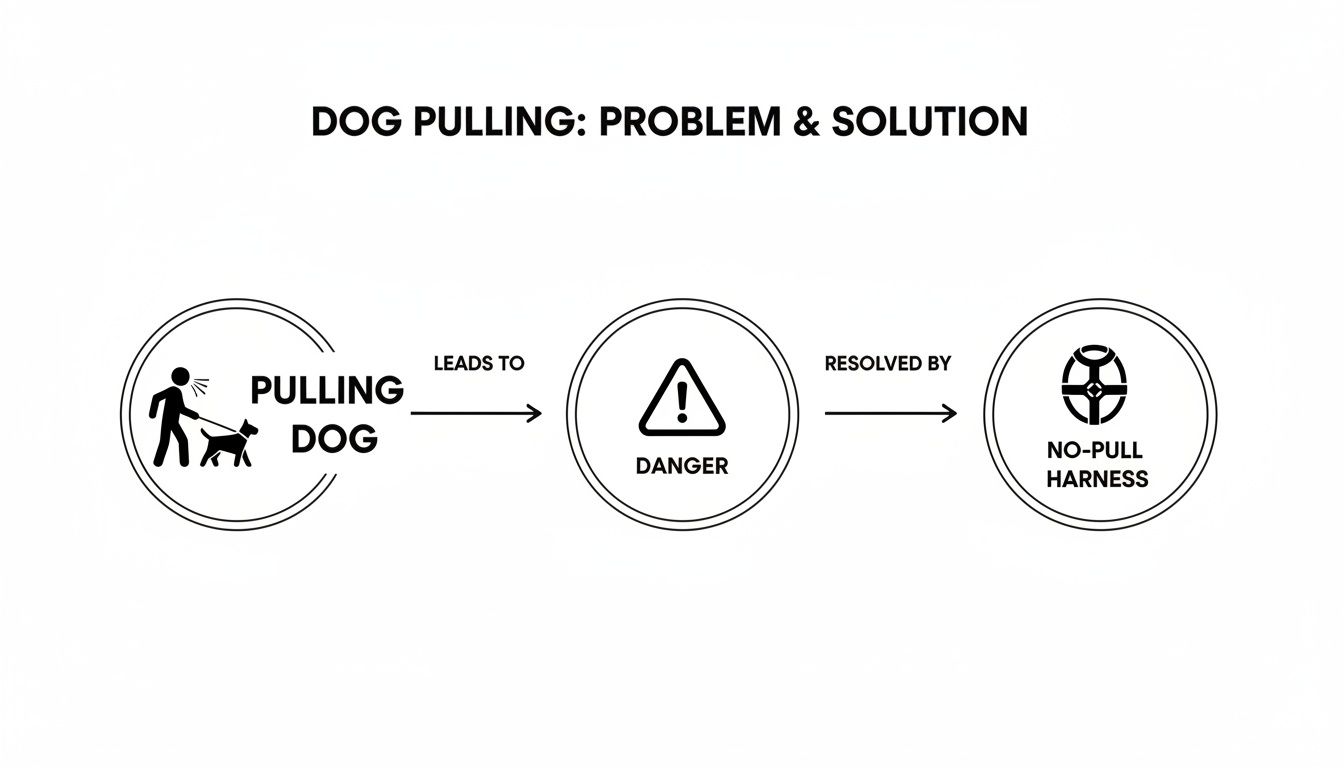 A diagram illustrating dog pulling leading to danger, resolved by using a no-pull harness.