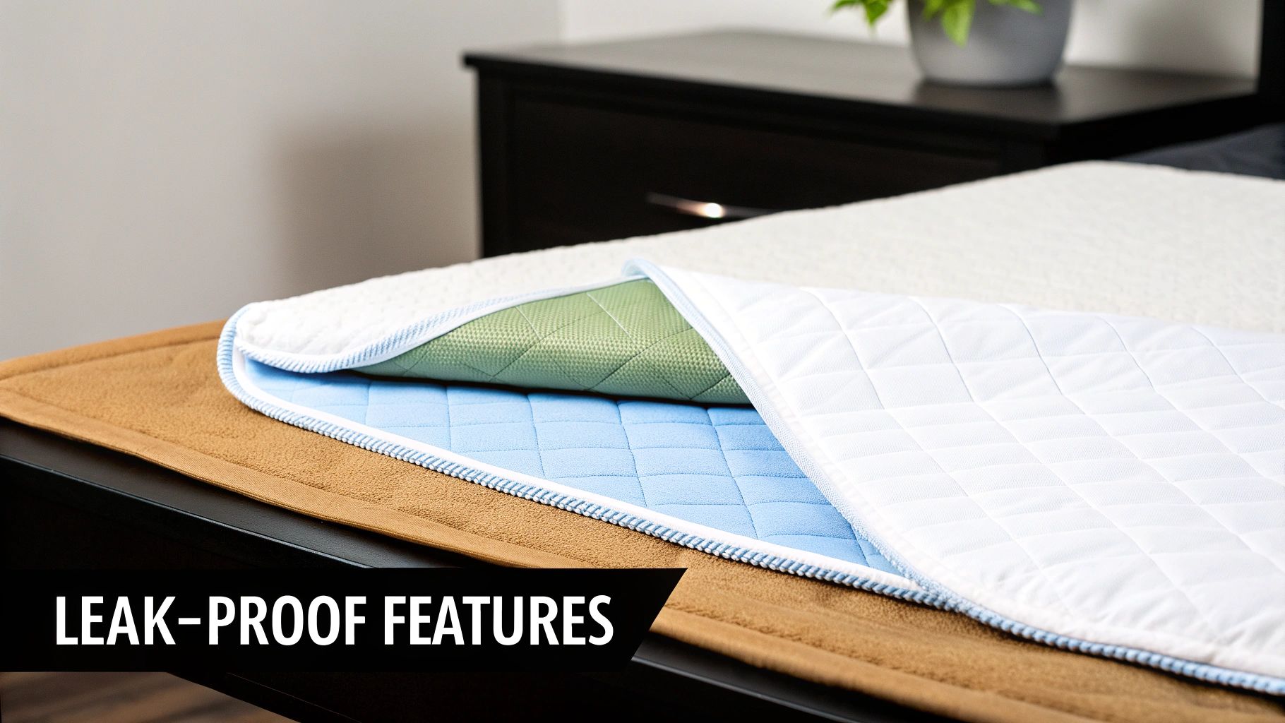A detailed view of a multi-layered leak-proof dog pee pad opened to reveal its protective layers.