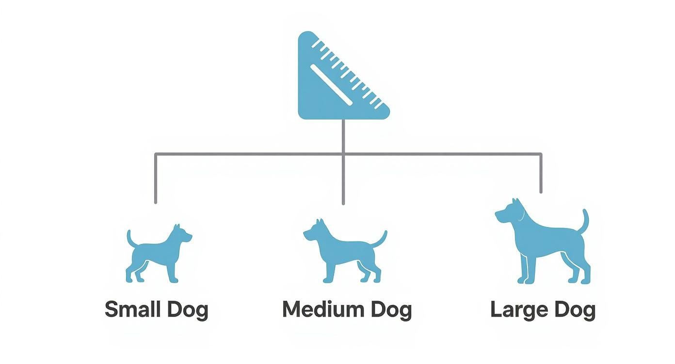 Infographic decision tree for selecting a dog harness based on size
