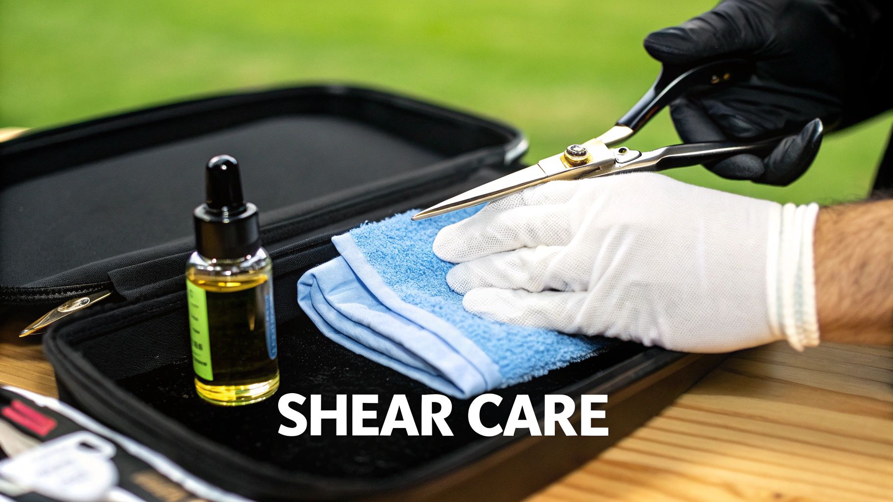 Gloved hands cleaning and caring for professional grooming shears with oil and a blue towel in a case.