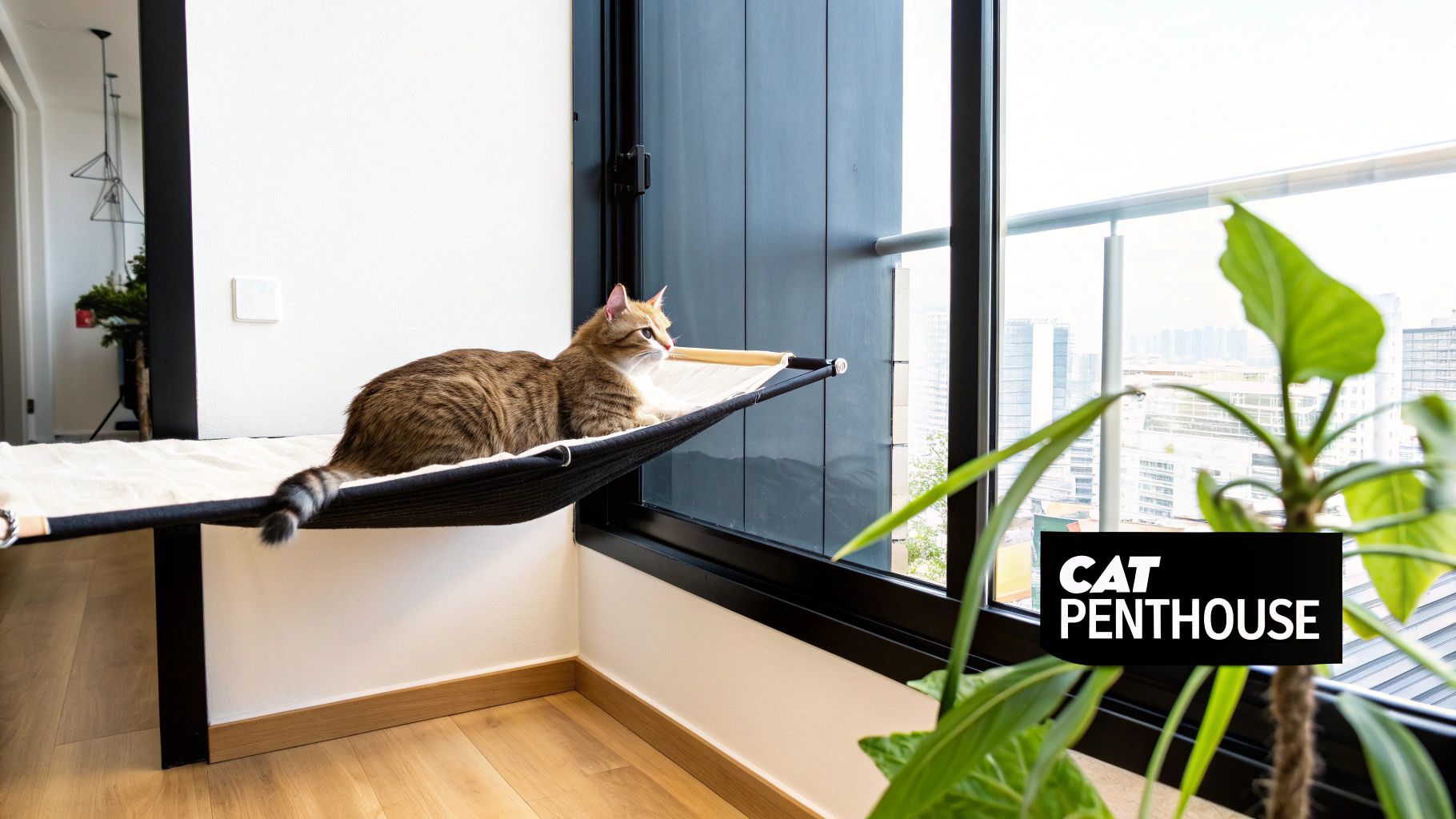 A domestic cat rests comfortably in a window-mounted cat hammock, enjoying the city skyline view.