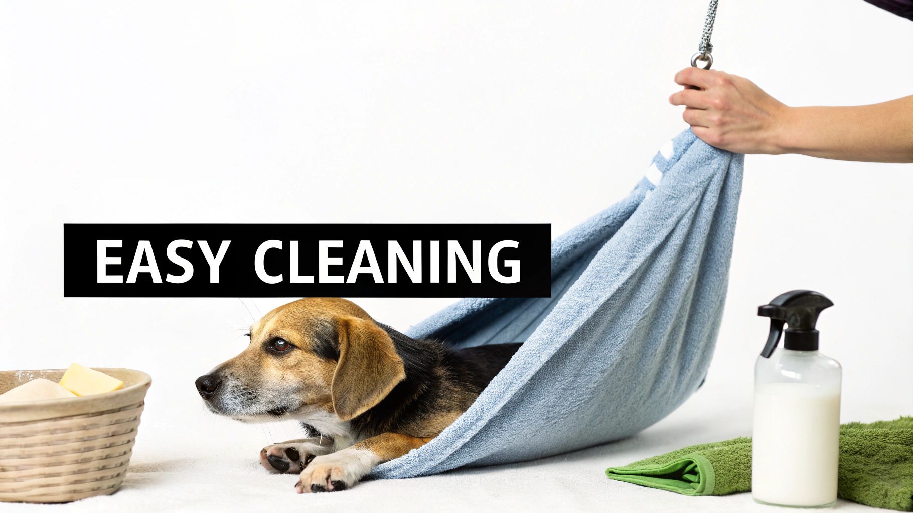 A small beagle-mix dog in a blue fabric sling, demonstrating easy cleaning for pets.