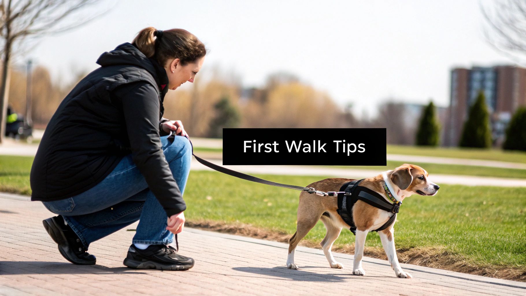 A woman adjusts her shoe while her dog, wearing a harness and leash, walks beside her on a path.