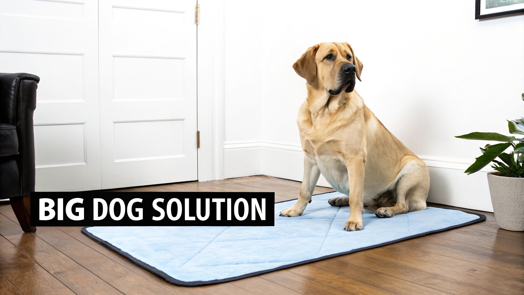 A large golden retriever mix dog sits calmly on a blue pet mat on a wooden floor.