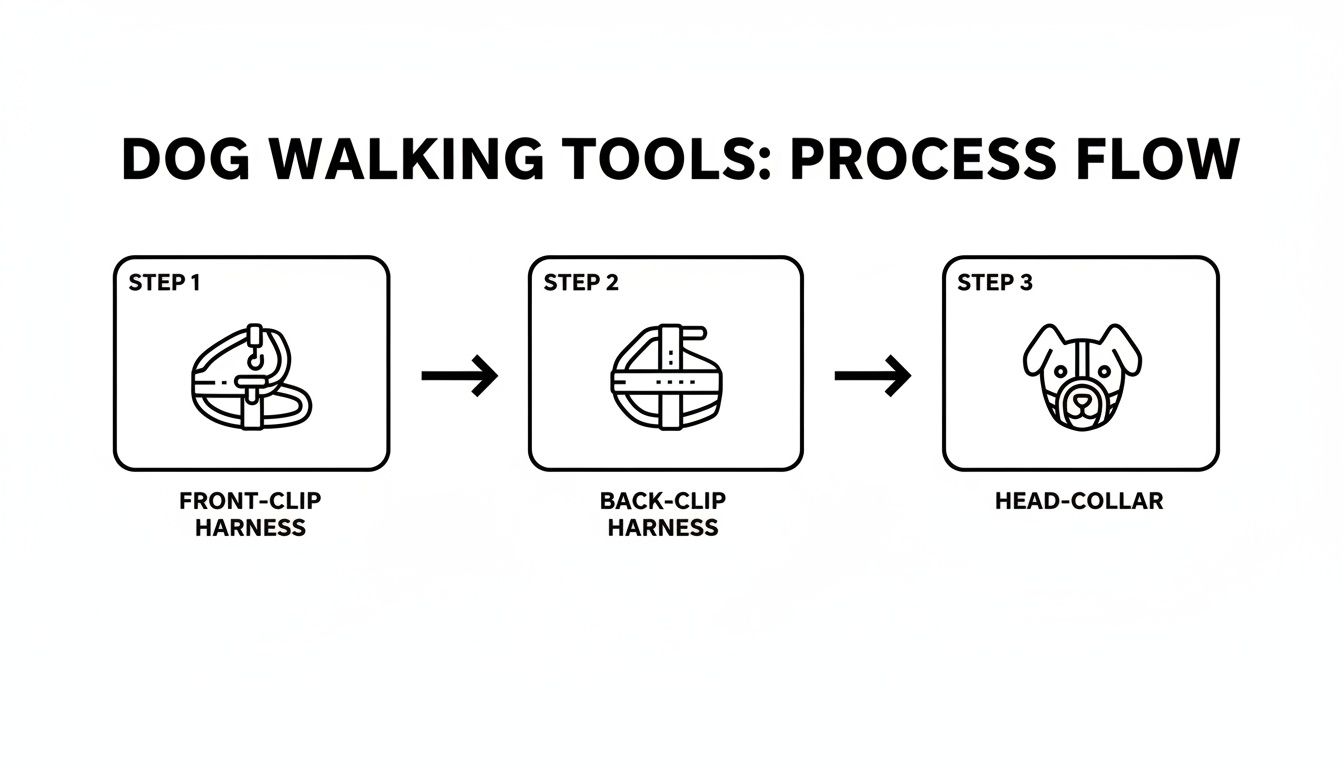 A process flow diagram illustrating three dog walking tools: a front-clip harness, a back-clip harness, and a head-collar.