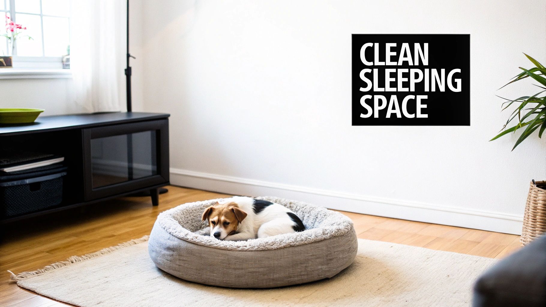 A small, fluffy dog sleeping peacefully in a clean, round washable bed
