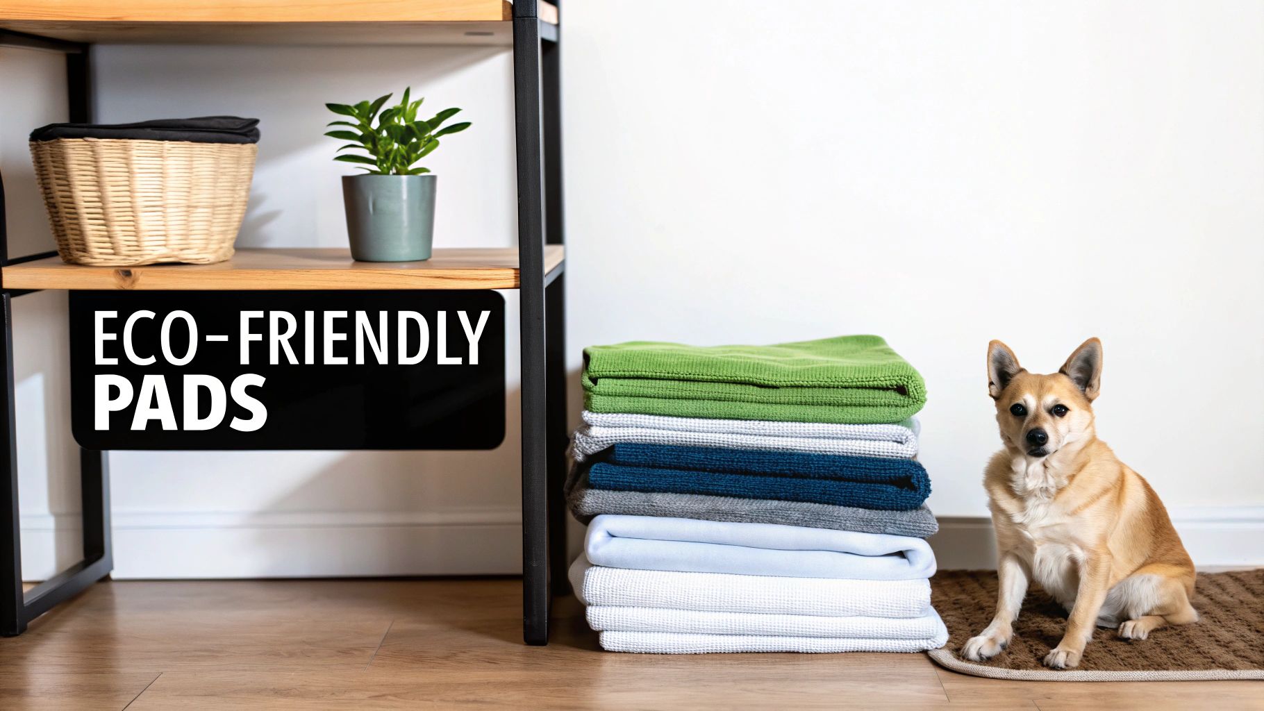A happy dog sits next to a stack of colorful, folded eco-friendly pads on a wooden floor.