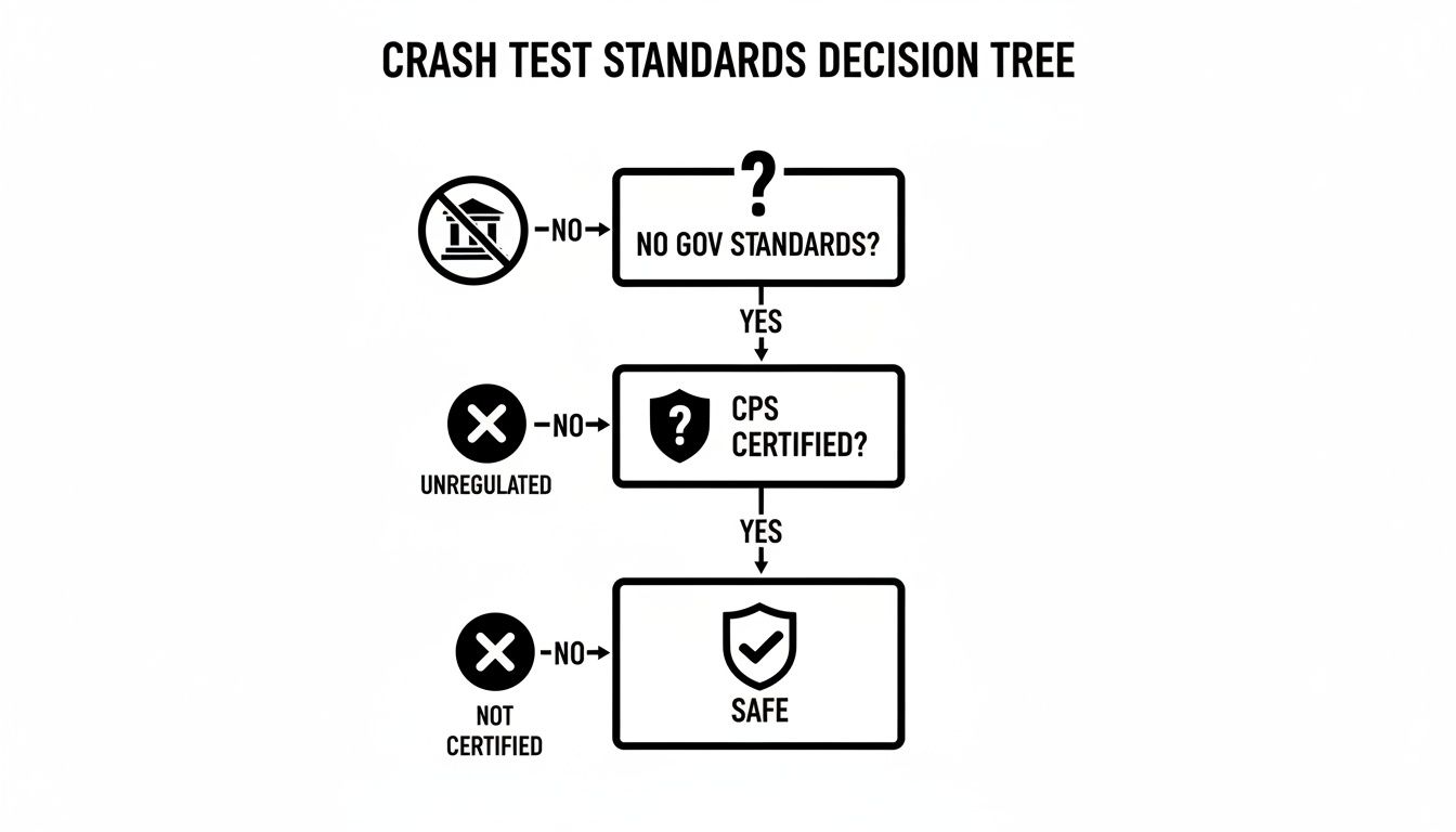 A decision tree flowchart illustrating crash test standards for determining product safety and regulation.