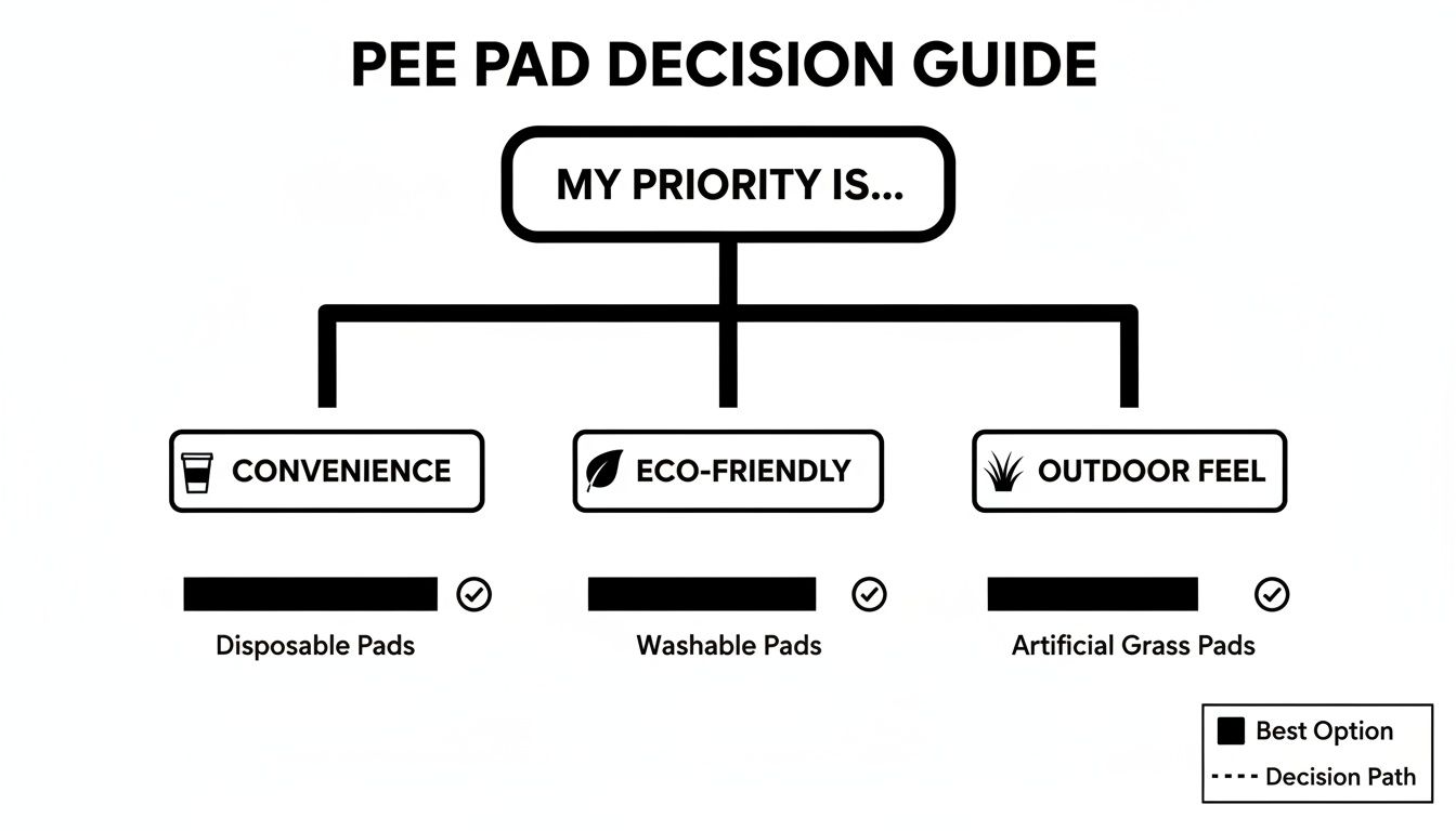 A decision guide for pee pads, prioritizing convenience, eco-friendliness, or outdoor feel.