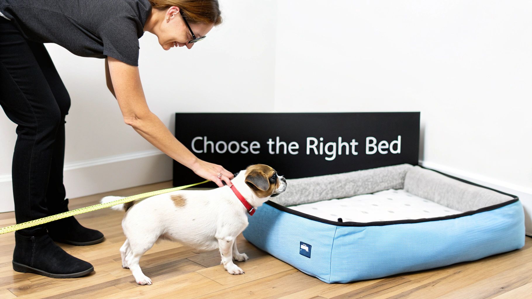 A happy dog resting in its perfectly sized calming bed.