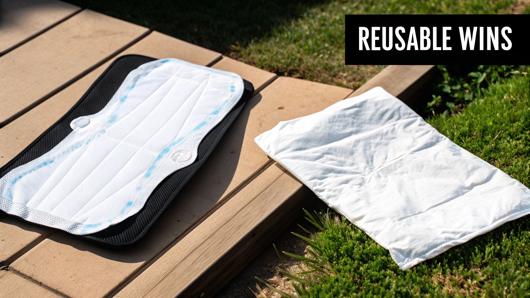 Two pet pads, one disposable and one reusable, displayed outdoors on wooden decking with green grass.
