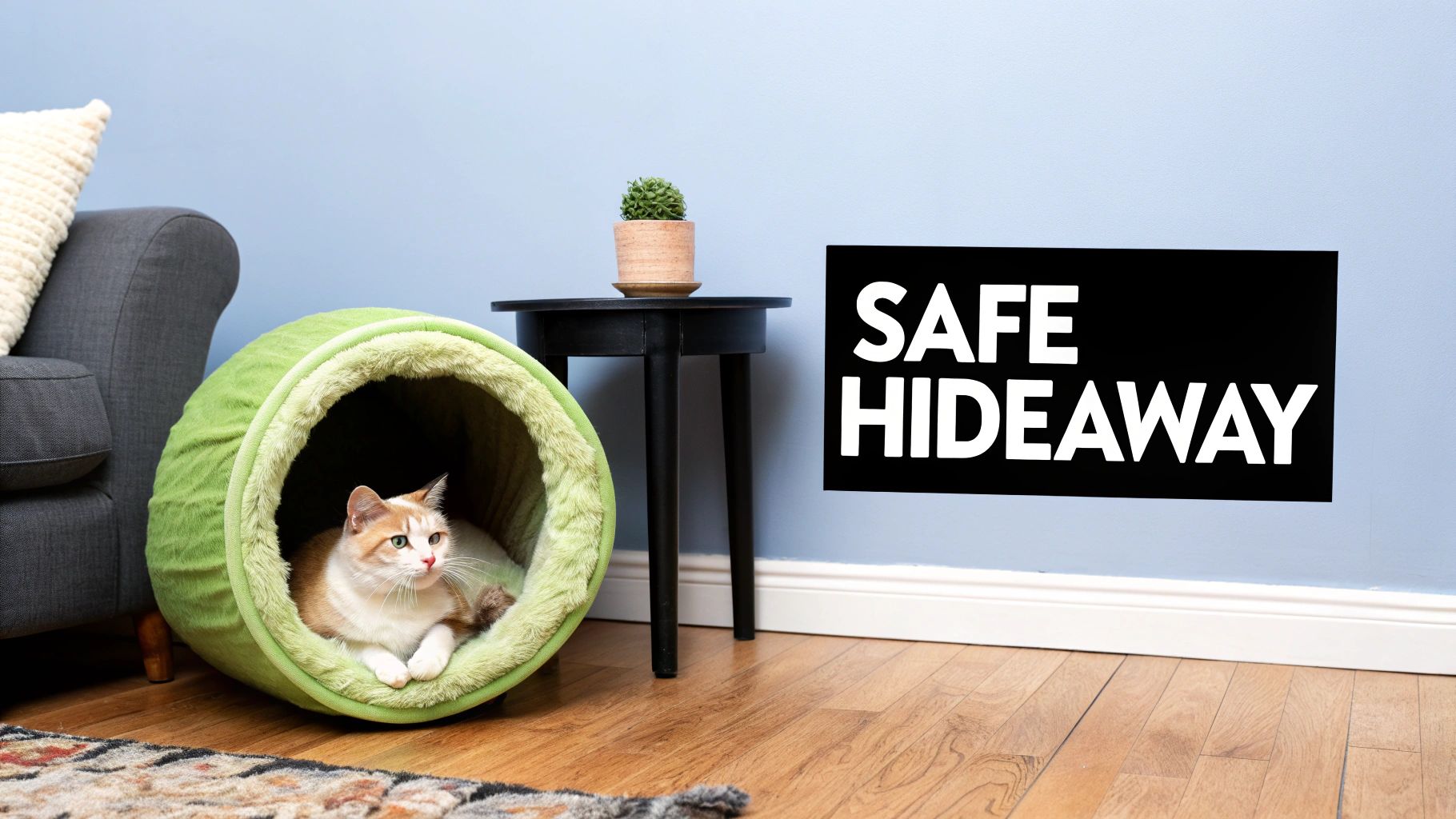 A cat playing inside a grey donut cat tunnel