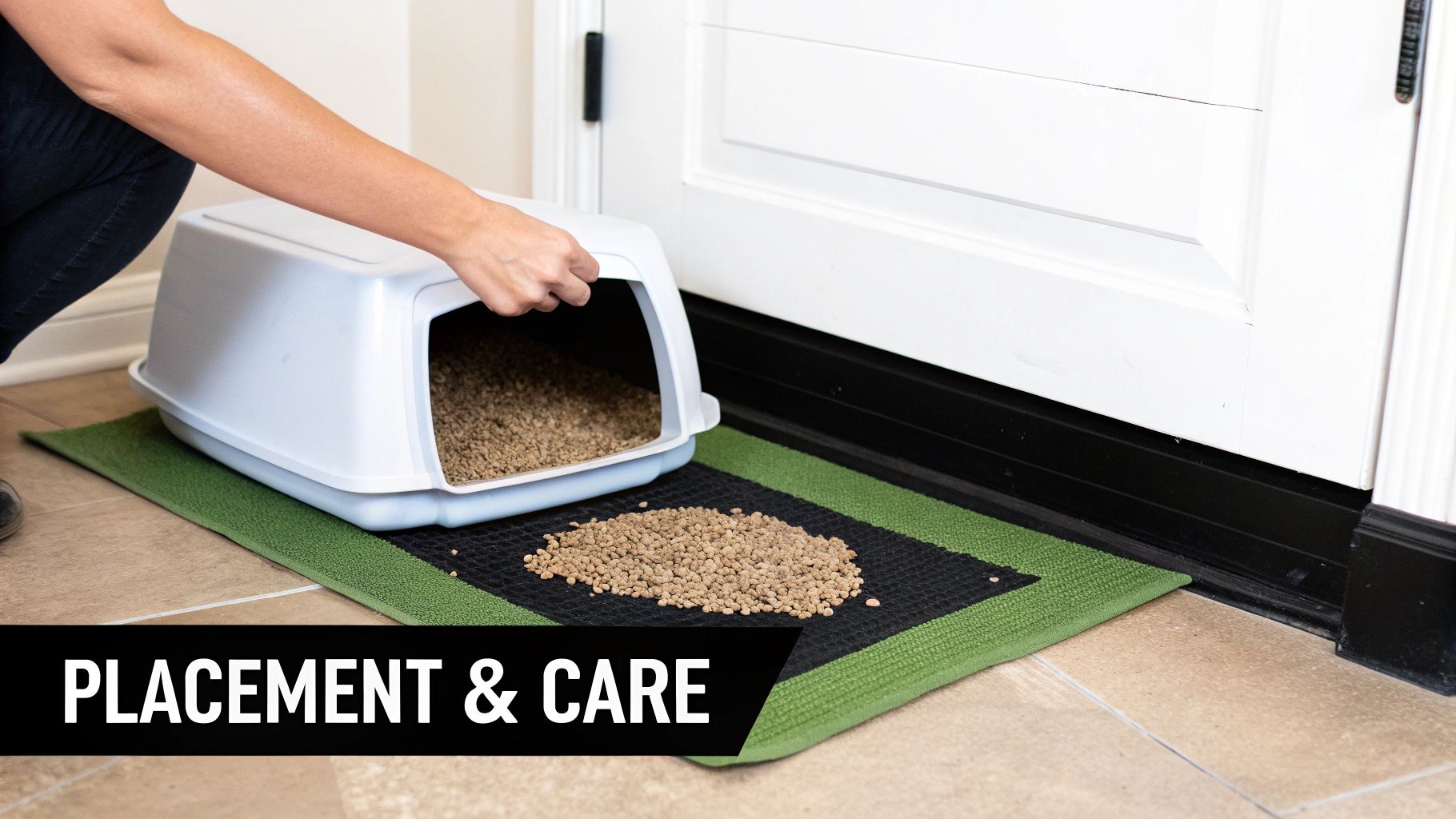 A person places a hooded cat litter box on a green and black mat, showing spilled litter.